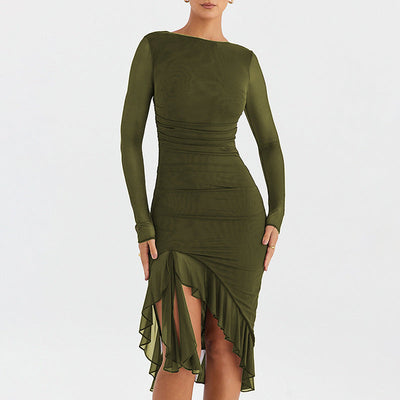 Autumn Sexy Trend Round Neck Slim Fit Long Sleeved Mesh Stitched Backless Sheath Dress