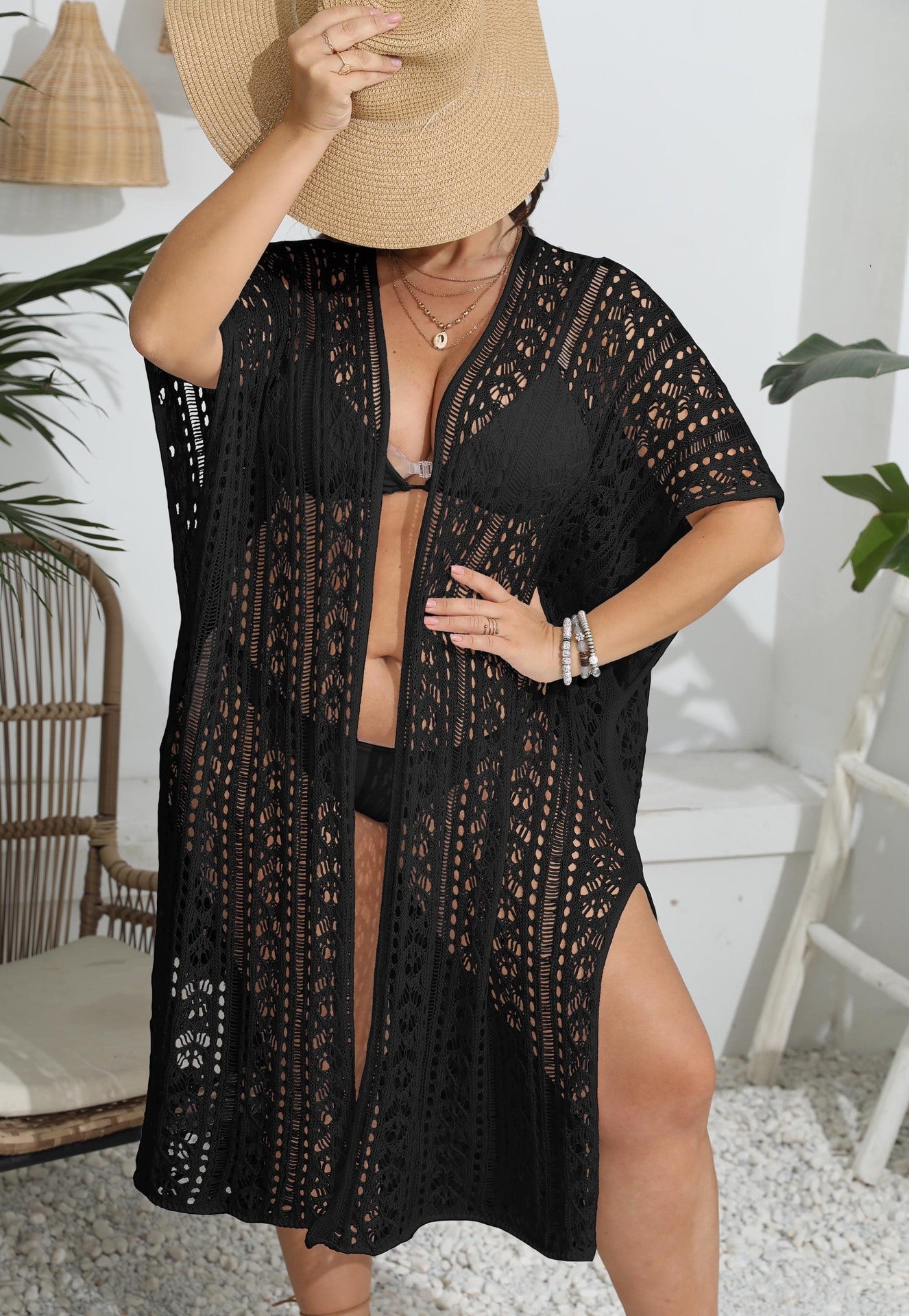 Women Coat Women Clothes Sexy Cutout Woven Bikini Cover Up Short Sleeved Cardigan