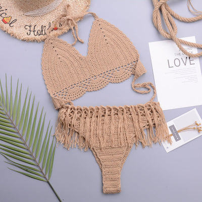 Vacation Sexy Characteristic Handmade Crochet Tassel Hollow Out Cutout out Strap Bikini Women Set