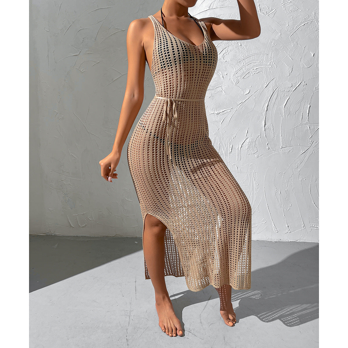 Vacation Beach Sexy Smock Dress Hollow Out Cutout Out See Through Backless Knitted Dress Women