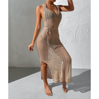 Vacation Beach Sexy Smock Dress Hollow Out Cutout Out See Through Backless Knitted Dress Women