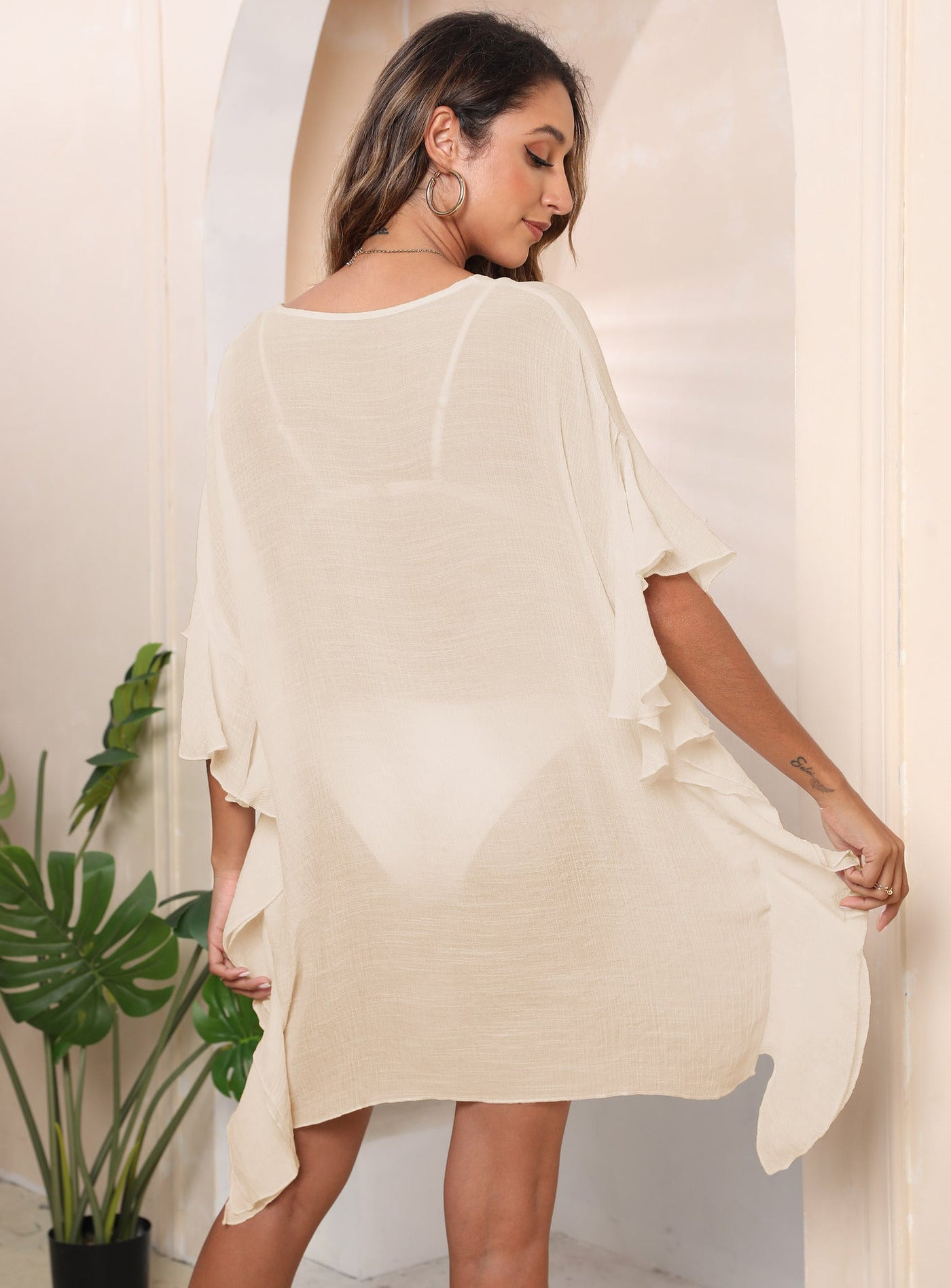 Women Clothing Ruffled Solid Color Simple Loose Beach Beach Cover Up Women