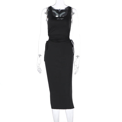 Women Clothing Summer Solid Color U Collar Lace up Cutout Sexy Slit Tight Dress