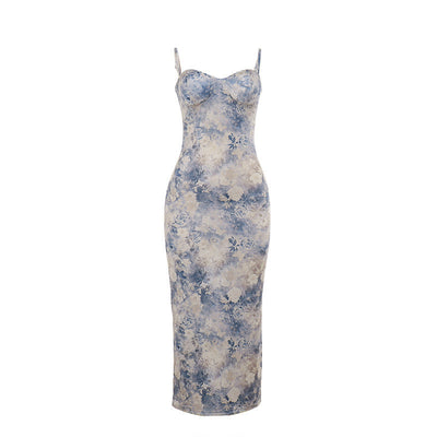 Chest Showing Printing Slip Dress Women Spring Elegant Vacation Dress