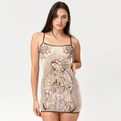 Women Clothing Spring Summer Sling round Neck Floral Mesh See through Printed Sheath Dress