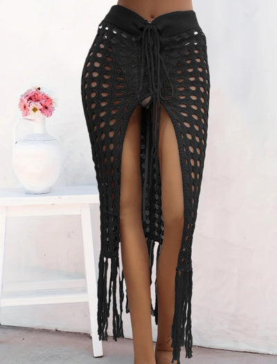 Women Clothing Sexy Cutout Woven Lace up Tassel Dress Split Beach Skirt