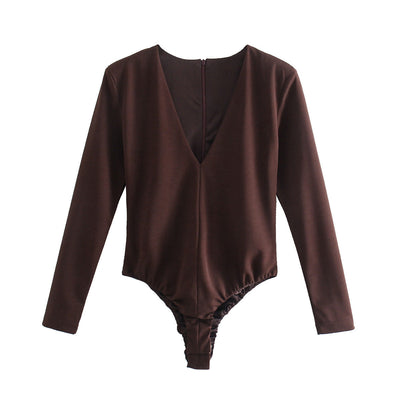 Women Clothing Sexy Four Color Deep V Plunge neck Padded Shoulder Close Fitting Inner Bodysuit
