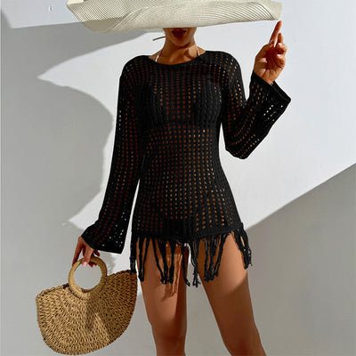 Beach Cover up Hollow Out Cutout out Knitted Dress Long Sleeve All Match Sun Protection Solid Color Tassel Dress See through Simple Sense