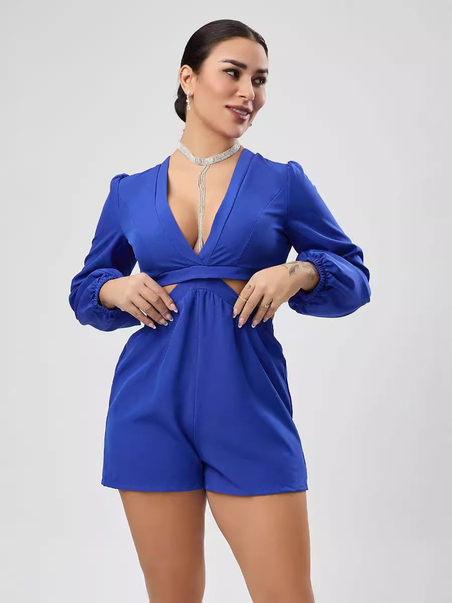 V neck Lace up Long Sleeved Jumpsuit Autumn Sexy Cutout Shorts