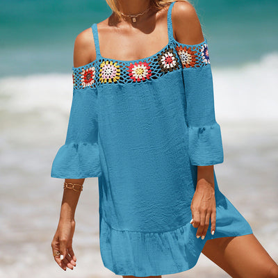 Vacation Spaghetti Straps Sun Protective Clothing Hand Crocheting Lace off-Shoulder Top Casual Short Solid-Colored Sun Protection Beach Dress