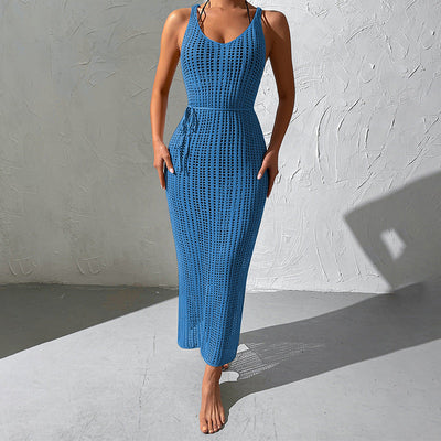 Vacation Beach Blouse Hollow Out Cutout Backless Knitted Dress Women