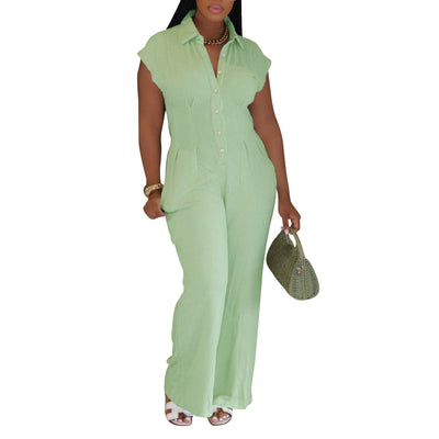 Women Clothing Jumpsuit Striped Collared Slim Shirt Collar Straight Leg Pants Sleeveless Summer
