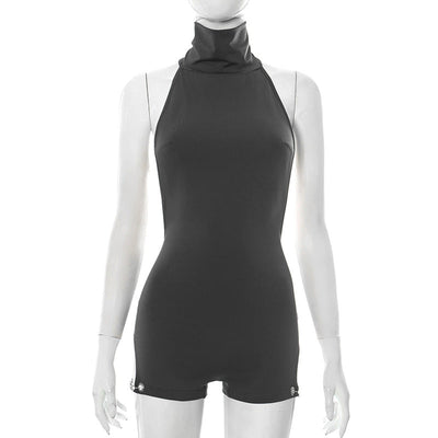 Women Spring Summer Turtleneck Scarf Bare Back Hollow Out Cutout out Chain Design Three Point Jumpsuit