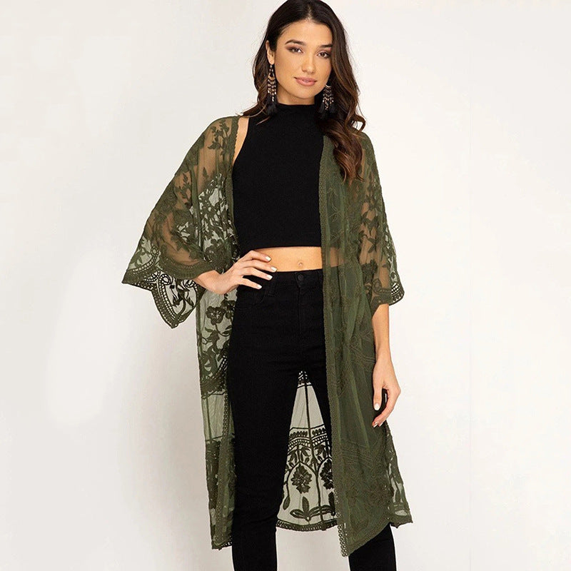 Sexy Grape Silk Embroidered Seaside Vacation Sun Protection Clothing Beach Jacket Bikini Swimsuit Outwear Cardigan for Women