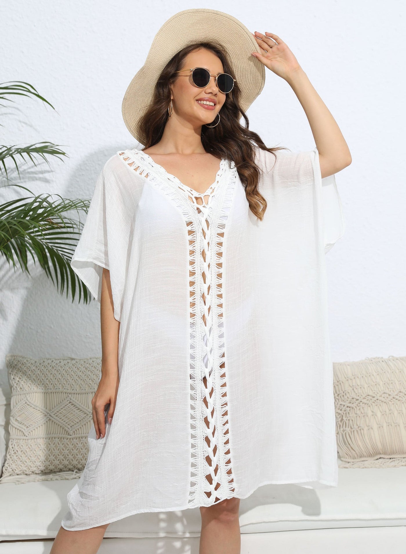 Women Blouse Women Clothing Crochet Stitching Loose Dress Beach Bikini Cover up
