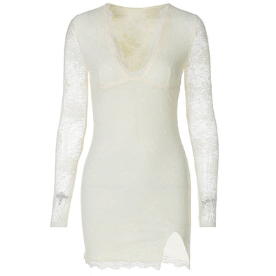 Women Clothing Autumn Winter Sexy Mesh Stitching Long Sleeve Narrow Dress