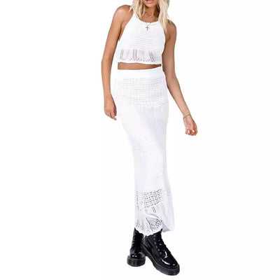 Women Clothes Sexy Backless Top High Waist Skirt Two Piece Sets Summer Knitted Beach Vacation