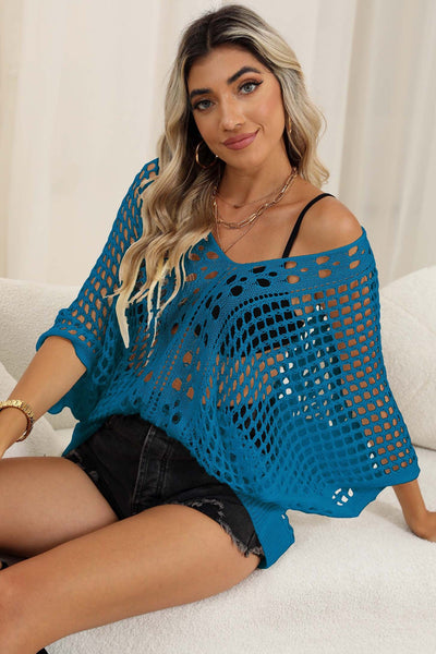 Women Bikini Cover Up Blouse Women Clothing Hollow Out Cutout Woven Shirt Batwing Sleeve Loose Casual Top