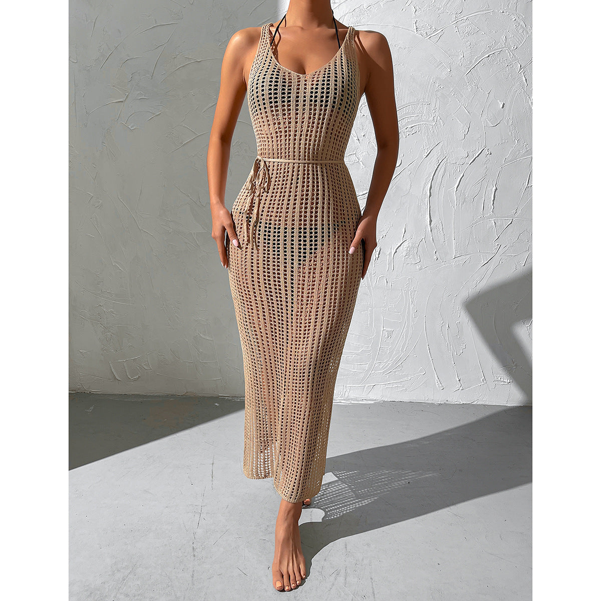 Vacation Beach Blouse Hollow Out Cutout Backless Knitted Dress Women Split Crochet hook