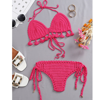 Beach Vacation Knitted Hand Crocheting Sexy Bikini Tassel Shell Strap Split Suit Multi-Color Optional Crochet hook