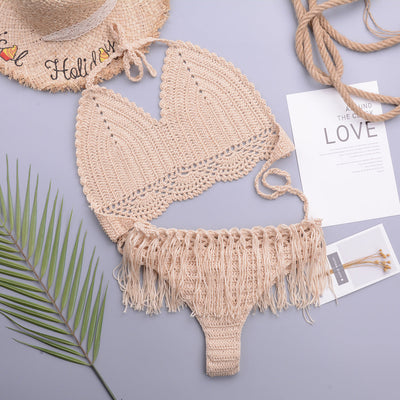 Vacation Sexy Characteristic Handmade Crochet Tassel Hollow Out Cutout out Strap Bikini Women Set