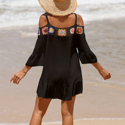 Vacation Spaghetti Straps Sun Protective Clothing Hand Crocheting Lace off-Shoulder Top Casual Short Solid-Colored Sun Protection Beach Dress