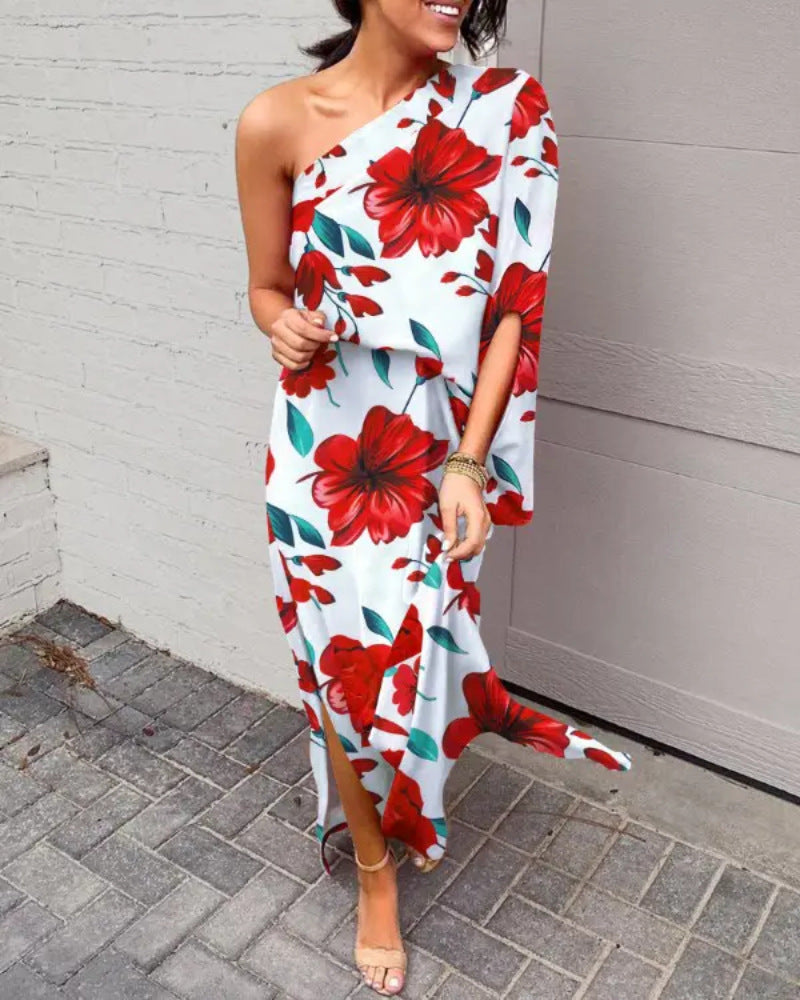 Women Clothing Dress Sexy Oblique Shoulder Elegant Single Side Sleeve Dress for Women