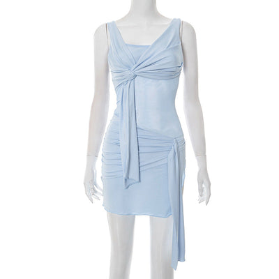 Women Clothing Summer Sexy Solid Color Ribbon Pleated Short Dress