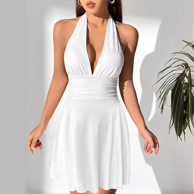 Women Clothing V neck Lace up Tight Pleated Sexy Backless Pleated Tied Dress