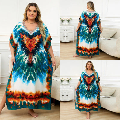 Rayon Positioning Print Holiday Loose Robe Beach Jacket Dress Bikini Cover up Blouse