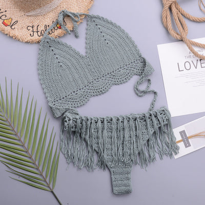 Vacation Sexy Characteristic Handmade Crochet Tassel Hollow Out Cutout out Strap Bikini Women Set