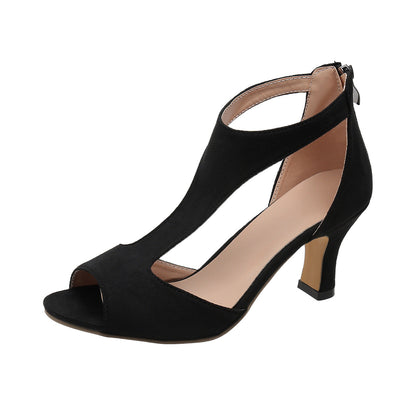 Chunky Heel Suede Fish Mouth Hollowed Sandals Women One Word Bag Heel Open Toed Roman Sandals