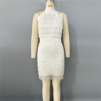 Women Clothes Sexy Tassel Halter Backless Sleeveless Bandage Dress Party Gathering Dress Short