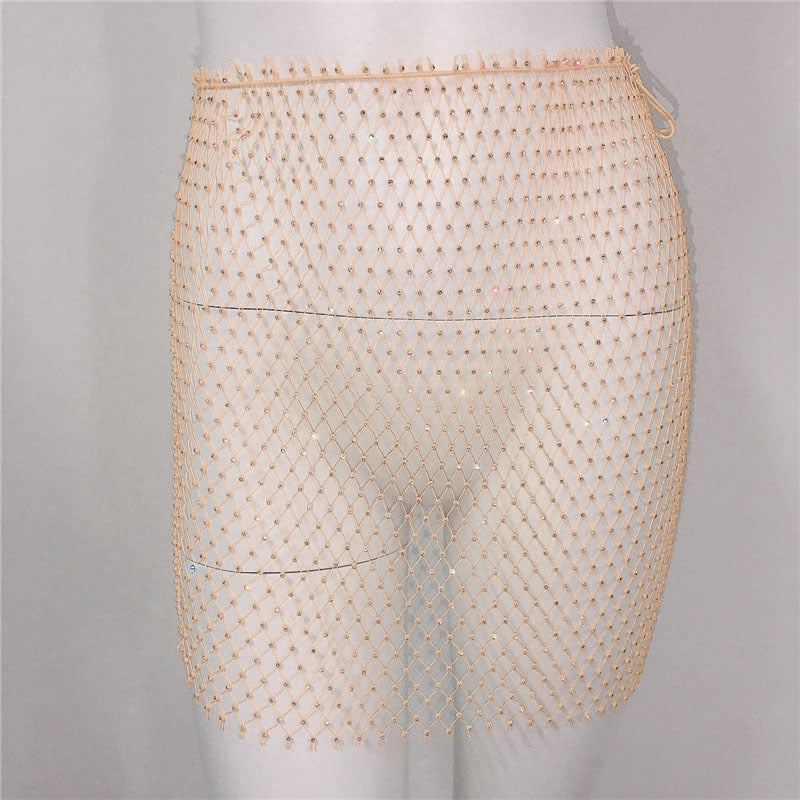 Women Clothing Sexy Fishnet Rhinestone Skirt Sweet Spicy Mini Skirt Rhinestone Miniskirt Women