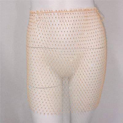 Women Clothing Sexy Fishnet Rhinestone Skirt Sweet Spicy Mini Skirt Rhinestone Miniskirt Women