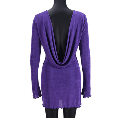 Women Clothing Wooden Ear Hollow Out Cutout Backless Long Sleeve Short Dress