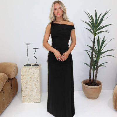 Women Clothing Spring Summer Slim Diagonal Collar Sleeveless Split Solid Color Dress Women