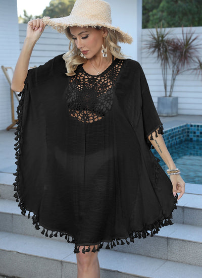 Beach Vacation Blouse Women Clothing Crocheted Stitching Tassel Bikini Cover Up Blouse Dress