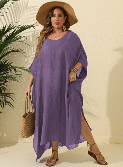 Women Clothes Solid Color Loose Blouse Beach Vacation Split Mop Dress