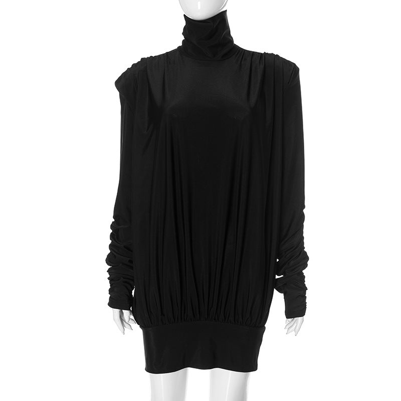 Women Clothing Autumn Winter Turtleneck Padded Shoulder Loose Pleated Sexy Backless Dress
