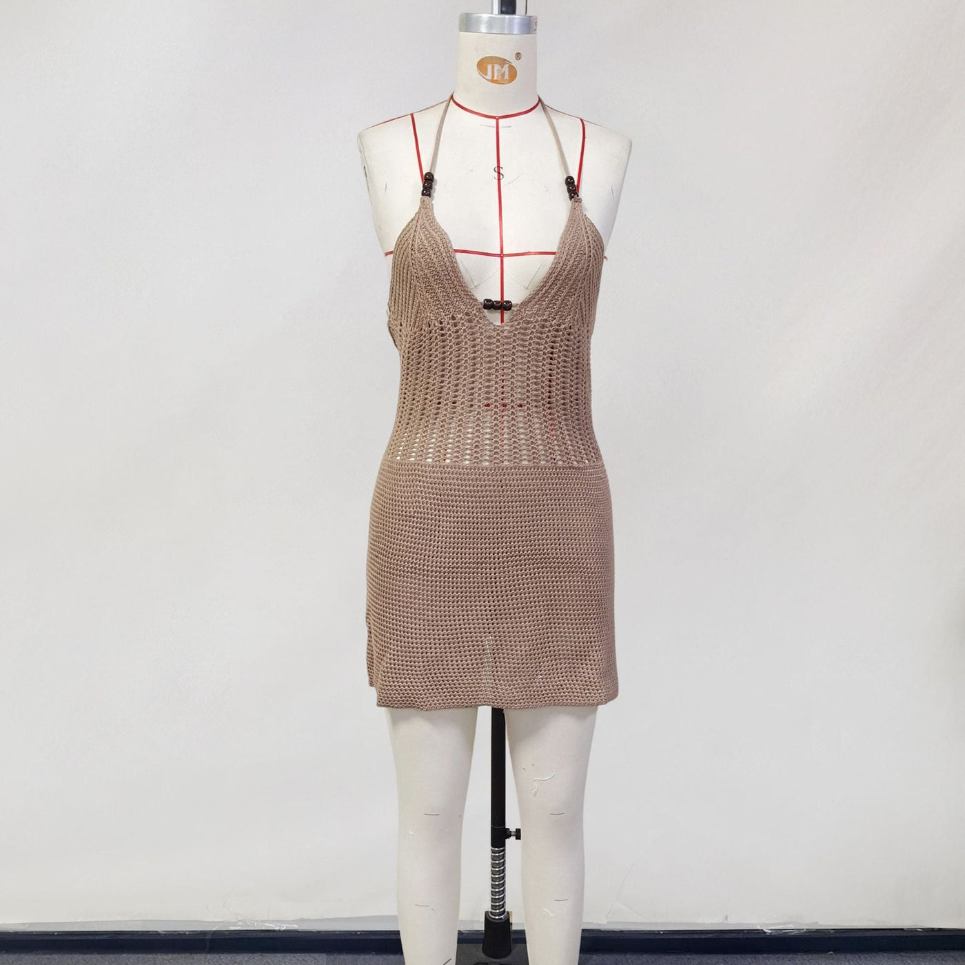 Women Spring Clothing Knitted Hollow Out Cutout Sexy V neck Halter Backless Lace up Beach Dress Women