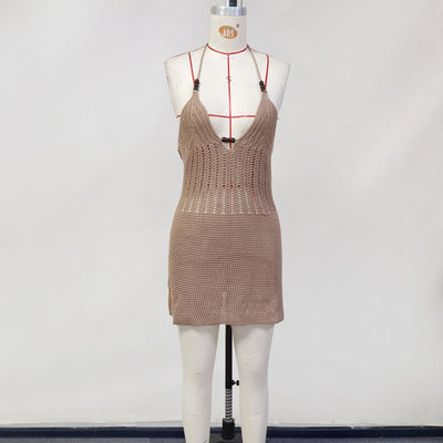 Women Spring Clothing Knitted Hollow Out Cutout Sexy V neck Halter Backless Lace up Beach Dress Women