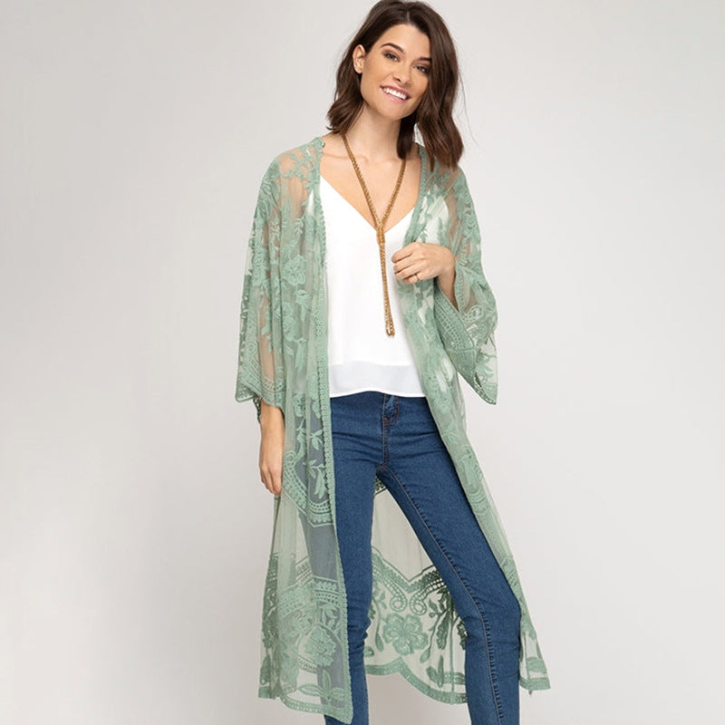 Sexy Grape Silk Embroidered Seaside Vacation Sun Protection Clothing Beach Jacket Bikini Swimsuit Outwear Cardigan for Women