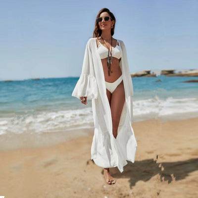 Chiffon Bell Sleeve Sun Protection Cardigan Long Beach Jacket Vacation Bikini Swimsuit Outwear Blouse