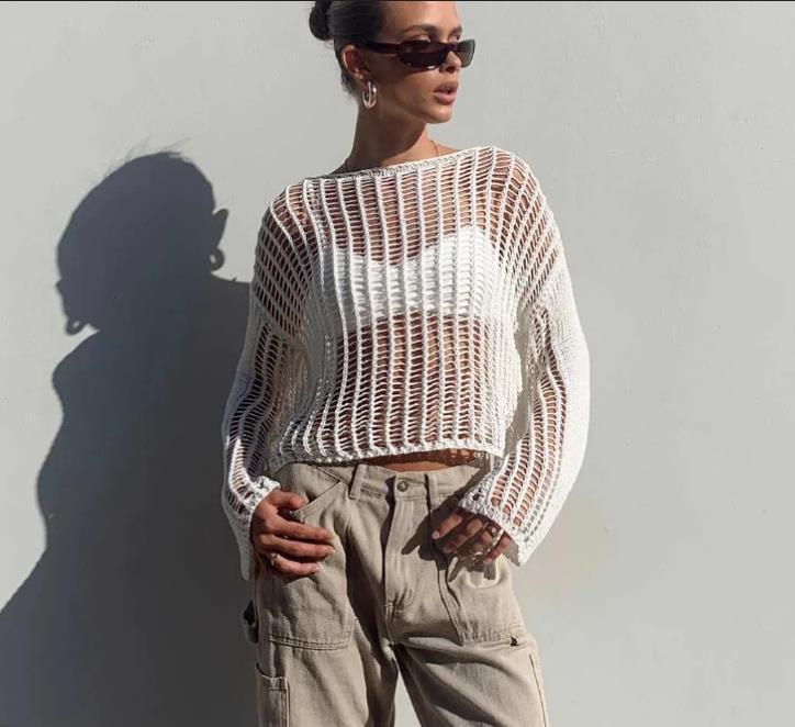 Women Clothing Hollow Out Cutout out Sweater Blouse Short Chic Elegant Knitwear