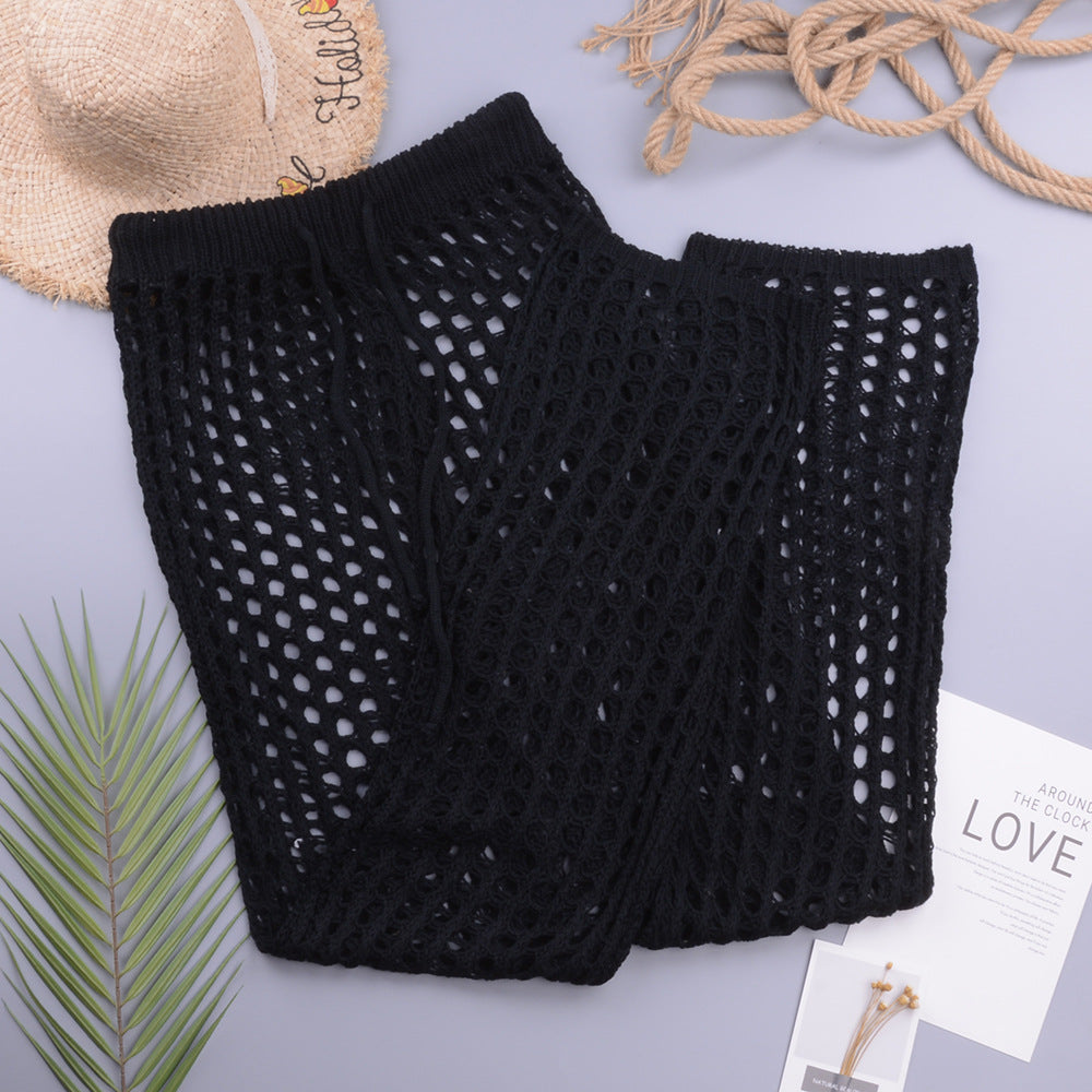 Women Solid Color Hand Crocheting Sexy Cutout Loose Wide Leg Pants Casual Women Woven Trousers