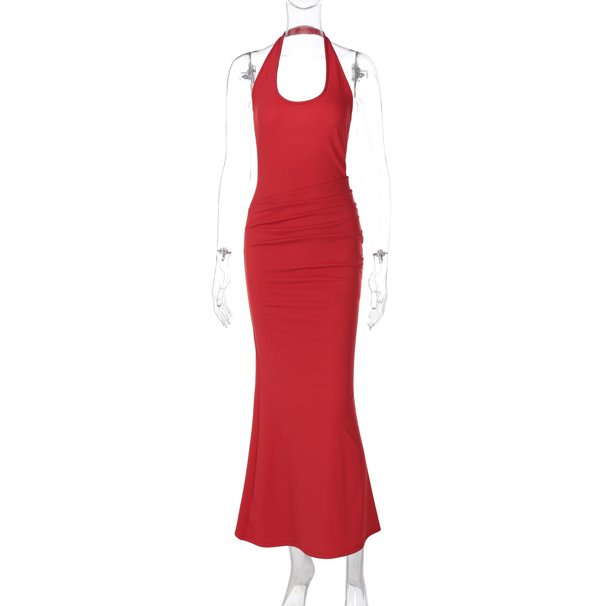 Women Clothing Sexy Deep V Plunge neck Hollow Out Cutout out Halter Slim Solid Color Sleeveless Sheath Dress