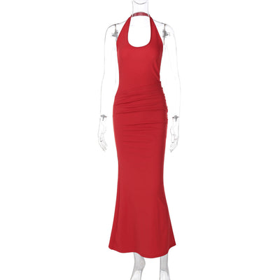 Women Clothing Sexy Deep V Plunge neck Hollow Out Cutout out Halter Slim Solid Color Sleeveless Sheath Dress