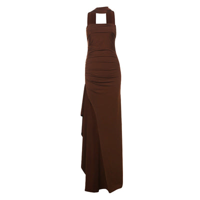 Women Clothing Summer Elegant Sexy Scarf Collar Slim Fit Slit Backless Dress Tube Top Dress