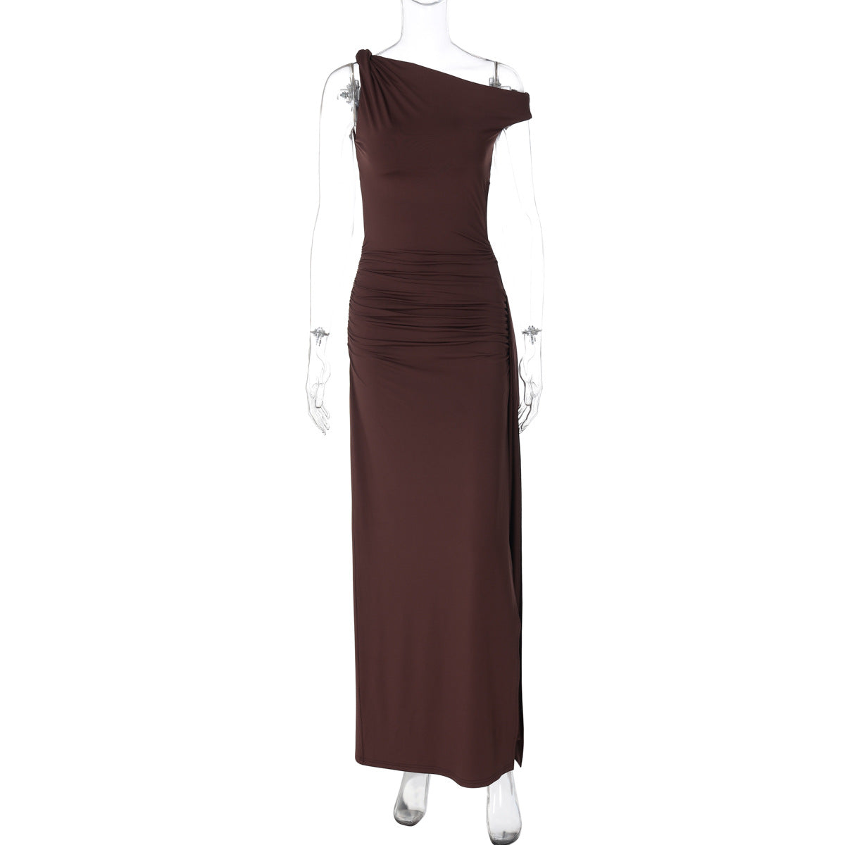 Women Clothing Spring Summer Slim Diagonal Collar Sleeveless Split Solid Color Dress Women